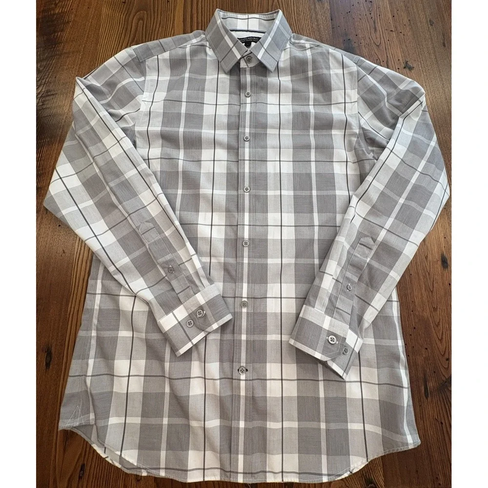 Banana Republic Men's Non-Iron Slim Fit Plaid Long Sleeve Dress Shirt Gray L